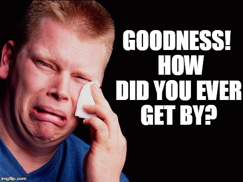 cry | GOODNESS!  HOW DID YOU EVER GET BY? | image tagged in cry | made w/ Imgflip meme maker