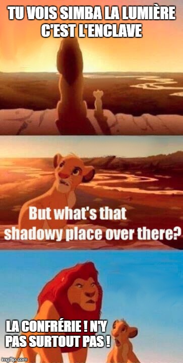 Simba Shadowy Place Meme | TU VOIS SIMBA LA LUMIÈRE C'EST L'ENCLAVE; LA CONFRÉRIE ! N'Y PAS SURTOUT PAS ! | image tagged in memes,simba shadowy place | made w/ Imgflip meme maker