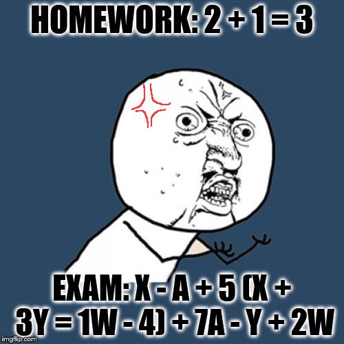 Y U No | HOMEWORK: 2 + 1 = 3; EXAM: X - A + 5 (X + 3Y = 1W - 4) + 7A - Y + 2W | image tagged in memes,y u no | made w/ Imgflip meme maker