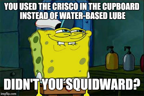 Don't You Squidward Meme | YOU USED THE CRISCO IN THE CUPBOARD INSTEAD OF WATER-BASED LUBE; DIDN'T YOU SQUIDWARD? | image tagged in memes,dont you squidward | made w/ Imgflip meme maker