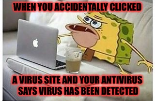 SpongeGar Computer | WHEN YOU ACCIDENTALLY CLICKED; A VIRUS SITE AND YOUR ANTIVIRUS SAYS VIRUS HAS BEEN DETECTED | image tagged in spongegar computer | made w/ Imgflip meme maker