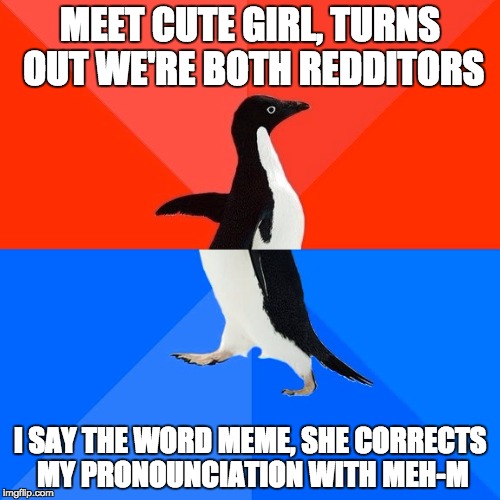 Socially Awesome Awkward Penguin Meme | MEET CUTE GIRL, TURNS OUT WE'RE BOTH REDDITORS; I SAY THE WORD MEME, SHE CORRECTS MY PRONOUNCIATION WITH MEH-M | image tagged in memes,socially awesome awkward penguin | made w/ Imgflip meme maker