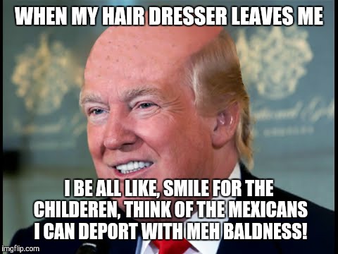 WHEN MY HAIR DRESSER LEAVES ME; I BE ALL LIKE, SMILE FOR THE CHILDEREN, THINK OF THE MEXICANS I CAN DEPORT WITH MEH BALDNESS! | image tagged in bald men say whaaa | made w/ Imgflip meme maker