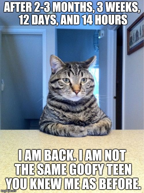 Take A Seat Cat Meme | AFTER 2-3 MONTHS, 3 WEEKS, 12 DAYS, AND 14 HOURS; I AM BACK. I AM NOT THE SAME GOOFY TEEN YOU KNEW ME AS BEFORE. | image tagged in memes,take a seat cat | made w/ Imgflip meme maker