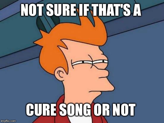 Futurama Fry Meme | NOT SURE IF THAT'S A CURE SONG OR NOT | image tagged in memes,futurama fry | made w/ Imgflip meme maker