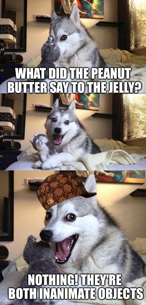 Internet chill, it's a joke for smart people | WHAT DID THE PEANUT BUTTER SAY TO THE JELLY? NOTHING! THEY'RE BOTH INANIMATE OBJECTS | image tagged in memes,bad pun dog,scumbag | made w/ Imgflip meme maker