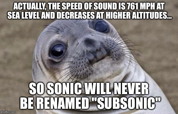 Awkward Moment Sealion Meme | ACTUALLY, THE SPEED OF SOUND IS 761 MPH AT SEA LEVEL AND DECREASES AT HIGHER ALTITUDES... SO SONIC WILL NEVER BE RENAMED "SUBSONIC" | image tagged in memes,awkward moment sealion | made w/ Imgflip meme maker