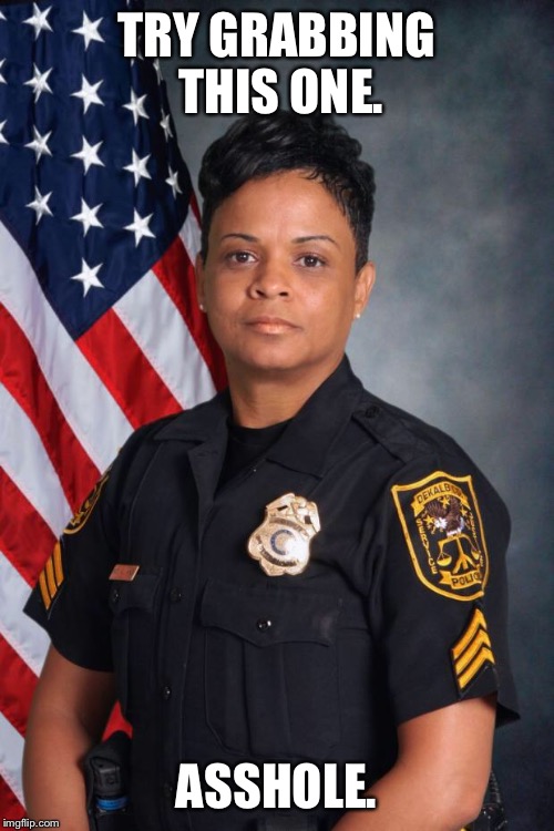 Black Woman Police Officer | TRY GRABBING THIS ONE. ASSHOLE. | image tagged in black woman police officer | made w/ Imgflip meme maker