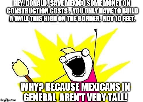If you're gonna build that wall | HEY, DONALD,  SAVE MEXICO SOME MONEY ON CONSTRUCTION COSTS .  YOU ONLY HAVE TO BUILD A WALL THIS HIGH ON THE BORDER,  NOT 10 FEET. WHY? BECAUSE MEXICANS IN GENERAL  AREN'T VERY TALL! | image tagged in memes,x all the y,election 2016,mexican wall,donald trump | made w/ Imgflip meme maker