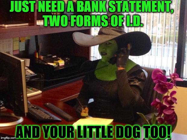Working While You Witch | JUST NEED A BANK STATEMENT, TWO FORMS OF I.D. AND YOUR LITTLE DOG TOO! | image tagged in working while you witch | made w/ Imgflip meme maker