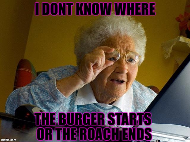 Grandma Finds The Internet Meme | I DONT KNOW WHERE THE BURGER STARTS OR THE ROACH ENDS | image tagged in memes,grandma finds the internet | made w/ Imgflip meme maker
