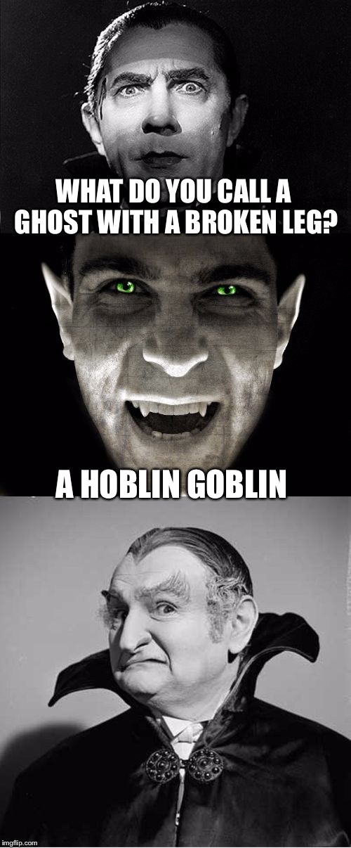 Vampires Meme Template | WHAT DO YOU CALL A GHOST WITH A BROKEN LEG? A HOBLIN GOBLIN | image tagged in vampires meme template | made w/ Imgflip meme maker