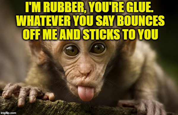 I'M RUBBER, YOU'RE GLUE. WHATEVER YOU SAY BOUNCES OFF ME AND STICKS TO YOU | made w/ Imgflip meme maker