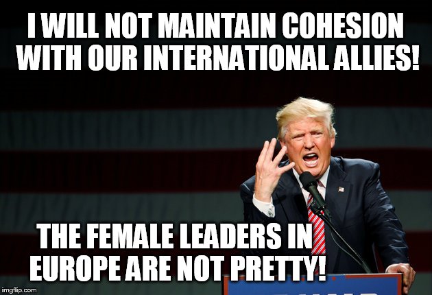 TRUMP SUPERFICIAL SLEAZEBALL | I WILL NOT MAINTAIN COHESION WITH OUR INTERNATIONAL ALLIES! THE FEMALE LEADERS IN EUROPE ARE NOT PRETTY! | image tagged in donald trump,trump,trump 2016 | made w/ Imgflip meme maker