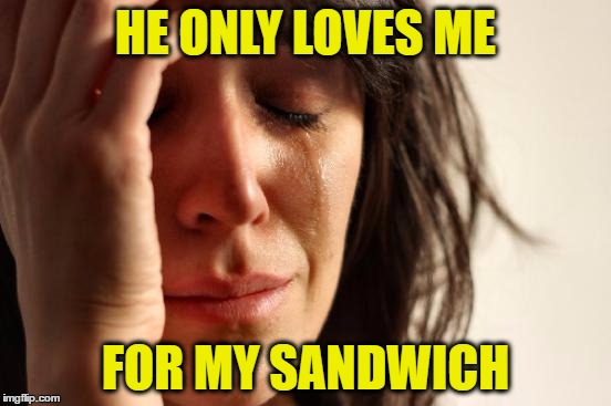 First World Problems Meme | HE ONLY LOVES ME FOR MY SANDWICH | image tagged in memes,first world problems | made w/ Imgflip meme maker