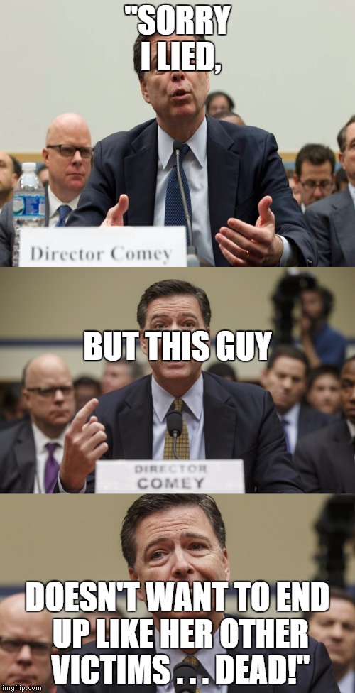 James Comey Bad Pun | "SORRY I LIED, BUT THIS GUY; DOESN'T WANT TO END UP LIKE HER OTHER VICTIMS . . . DEAD!" | image tagged in james comey bad pun | made w/ Imgflip meme maker