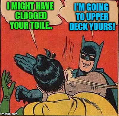 Batman Slapping Robin Meme | I MIGHT HAVE CLOGGED YOUR TOILE.. I'M GOING TO UPPER DECK YOURS! | image tagged in memes,batman slapping robin | made w/ Imgflip meme maker