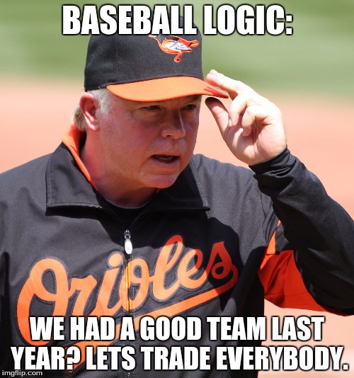 BASEBALL LOGIC:; WE HAD A GOOD TEAM LAST YEAR? LETS TRADE EVERYBODY. | image tagged in condesending baseball coach | made w/ Imgflip meme maker
