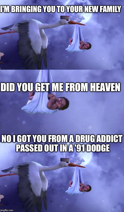 Delivering the next generation | I'M BRINGING YOU TO YOUR NEW FAMILY; DID YOU GET ME FROM HEAVEN; NO I GOT YOU FROM A DRUG ADDICT PASSED OUT IN A '91 DODGE | image tagged in baby,stork,drugs are bad,memes | made w/ Imgflip meme maker
