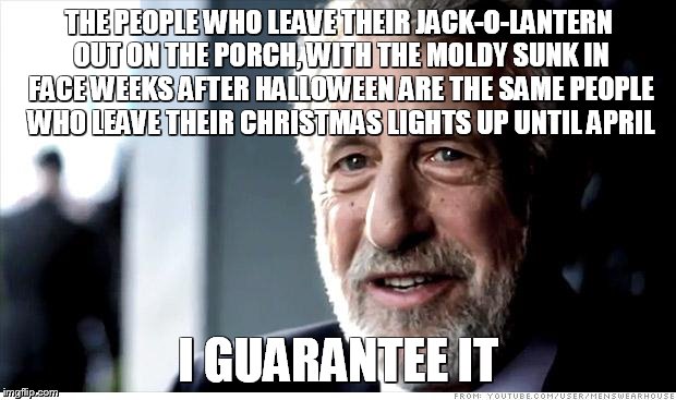 I Guarantee It | THE PEOPLE WHO LEAVE THEIR JACK-O-LANTERN OUT ON THE PORCH, WITH THE MOLDY SUNK IN FACE WEEKS AFTER HALLOWEEN ARE THE SAME PEOPLE WHO LEAVE THEIR CHRISTMAS LIGHTS UP UNTIL APRIL; I GUARANTEE IT | image tagged in memes,i guarantee it | made w/ Imgflip meme maker