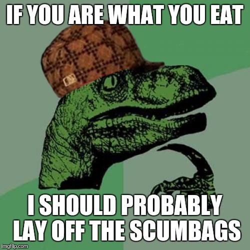 As tasty as they may be.. | IF YOU ARE WHAT YOU EAT; I SHOULD PROBABLY LAY OFF THE SCUMBAGS | image tagged in memes,philosoraptor,scumbag | made w/ Imgflip meme maker