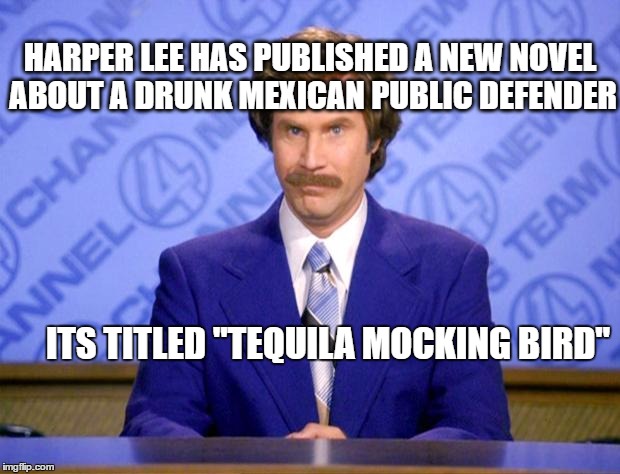 Tequila Ron Burgundy | HARPER LEE HAS PUBLISHED A NEW NOVEL ABOUT A DRUNK MEXICAN PUBLIC DEFENDER; ITS TITLED "TEQUILA MOCKING BIRD" | image tagged in news anchor,anchorman,ron burgundy,books,memes,breaking news | made w/ Imgflip meme maker