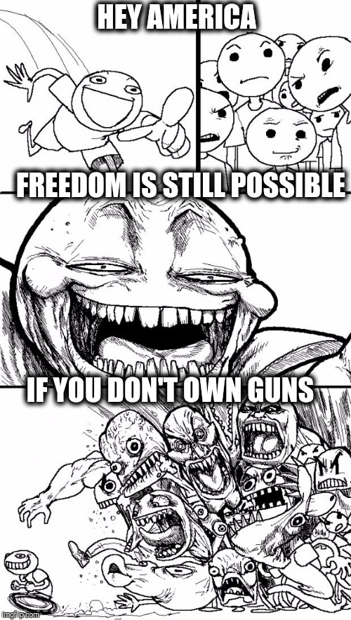 This meme is brought to you from a relatively gun free society north of the 49th parallel.  | HEY AMERICA; FREEDOM IS STILL POSSIBLE; IF YOU DON'T OWN GUNS | image tagged in hey internet,freedom,guns,america | made w/ Imgflip meme maker
