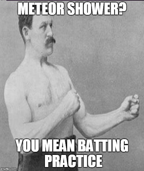 Hand Me That Tree | METEOR SHOWER? YOU MEAN BATTING PRACTICE | image tagged in overly manly man | made w/ Imgflip meme maker