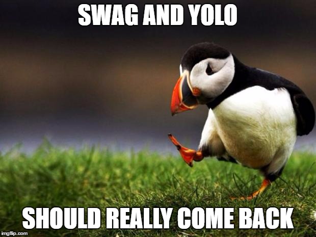Unpopular Opinion Puffin | SWAG AND YOLO; SHOULD REALLY COME BACK | image tagged in memes,unpopular opinion puffin | made w/ Imgflip meme maker