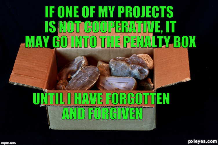 As dumb as a box of rocks. | IF ONE OF MY PROJECTS IS NOT COOPERATIVE, IT MAY GO INTO THE PENALTY BOX; UNTIL I HAVE FORGOTTEN AND FORGIVEN | image tagged in as dumb as a box of rocks | made w/ Imgflip meme maker