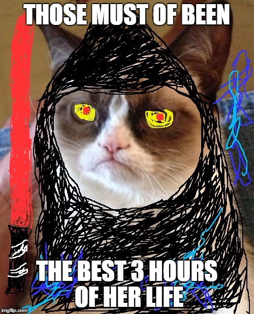 Darth Grumpus | THOSE MUST OF BEEN THE BEST 3 HOURS OF HER LIFE | image tagged in darth grumpus | made w/ Imgflip meme maker