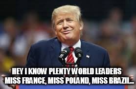 TRUMP KNOWS WORLD LEADERS | HEY I KNOW PLENTY WORLD LEADERS
  
MISS FRANCE, MISS POLAND, MISS BRAZIL... | image tagged in donald trump,trump,trump 2016 | made w/ Imgflip meme maker