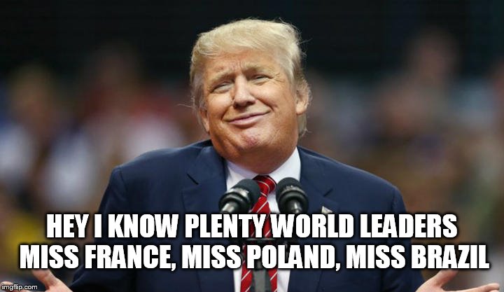 TRUMP KNOWS SOME WORLD LEADERS | HEY I KNOW PLENTY WORLD LEADERS MISS FRANCE, MISS POLAND, MISS BRAZIL | image tagged in donald trump,trump,trump 2016 | made w/ Imgflip meme maker