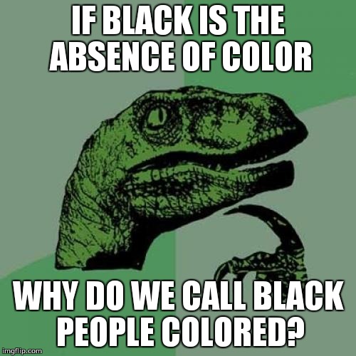 Philosoraptor for dumb meme weekend | IF BLACK IS THE ABSENCE OF COLOR; WHY DO WE CALL BLACK PEOPLE COLORED? | image tagged in philosoraptor,black people,dumb meme weekend,colors | made w/ Imgflip meme maker