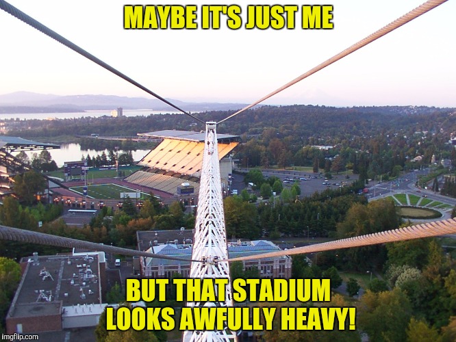 Crane operators will try anything. ..once | MAYBE IT'S JUST ME; BUT THAT STADIUM LOOKS AWFULLY HEAVY! | image tagged in crane,husky stadium | made w/ Imgflip meme maker