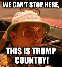 bat country steak country | WE CAN'T STOP HERE, THIS IS TRUMP COUNTRY! | image tagged in bat country steak country | made w/ Imgflip meme maker