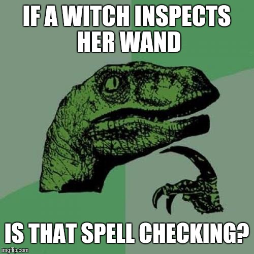 Philosoraptor | IF A WITCH INSPECTS HER WAND; IS THAT SPELL CHECKING? | image tagged in memes,philosoraptor | made w/ Imgflip meme maker