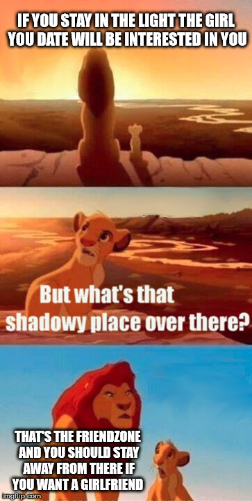 Simba Shadowy Place Meme | IF YOU STAY IN THE LIGHT THE GIRL YOU DATE WILL BE INTERESTED IN YOU; THAT'S THE FRIENDZONE AND YOU SHOULD STAY AWAY FROM THERE IF YOU WANT A GIRLFRIEND | image tagged in memes,simba shadowy place | made w/ Imgflip meme maker