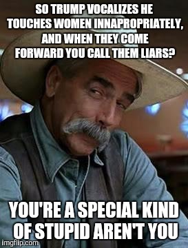 Sam Elliott | SO TRUMP VOCALIZES HE TOUCHES WOMEN INNAPROPRIATELY, AND WHEN THEY COME FORWARD YOU CALL THEM LIARS? YOU'RE A SPECIAL KIND OF STUPID AREN'T YOU | image tagged in sam elliott | made w/ Imgflip meme maker