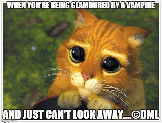 Vampire Glamour |  WHEN YOU'RE BEING GLAMOURED BY A VAMPIRE; AND JUST CAN'T LOOK AWAY....©DML | image tagged in memes,shrek cat,vampire,glamour | made w/ Imgflip meme maker