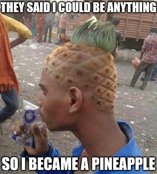 Pineapple Head | THEY SAID I COULD BE ANYTHING; SO I BECAME A PINEAPPLE | image tagged in pineapple,head,they said i could be anything | made w/ Imgflip meme maker