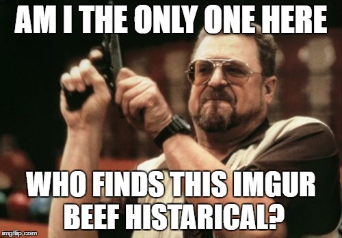 :> | AM I THE ONLY ONE HERE; WHO FINDS THIS IMGUR BEEF HISTARICAL? | image tagged in memes,am i the only one around here,imgur,beef | made w/ Imgflip meme maker