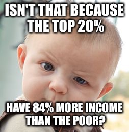 Skeptical Baby Meme | ISN'T THAT BECAUSE THE TOP 20% HAVE 84% MORE INCOME THAN THE POOR? | image tagged in memes,skeptical baby | made w/ Imgflip meme maker
