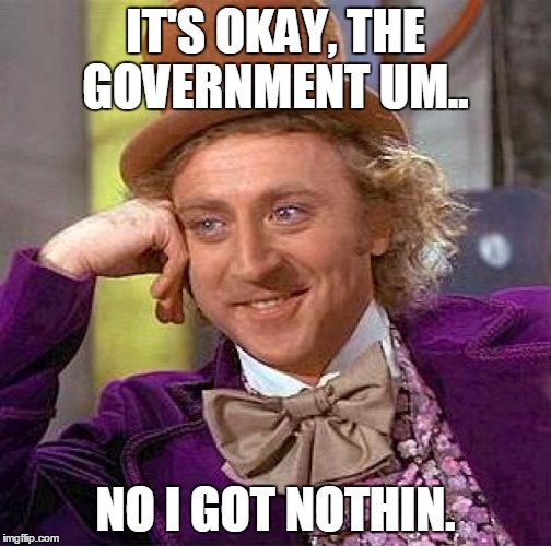 Creepy Condescending Wonka Meme | IT'S OKAY, THE GOVERNMENT UM.. NO I GOT NOTHIN. | image tagged in memes,creepy condescending wonka | made w/ Imgflip meme maker