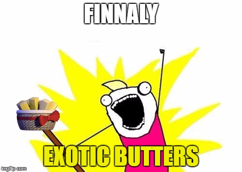 X All The Y Meme | FINNALY; EXOTIC BUTTERS | image tagged in memes,x all the y | made w/ Imgflip meme maker