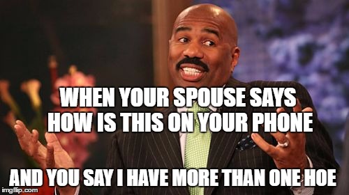 Steve Harvey | WHEN YOUR SPOUSE SAYS HOW IS THIS ON YOUR PHONE; AND YOU SAY I HAVE MORE THAN ONE HOE | image tagged in memes,steve harvey | made w/ Imgflip meme maker