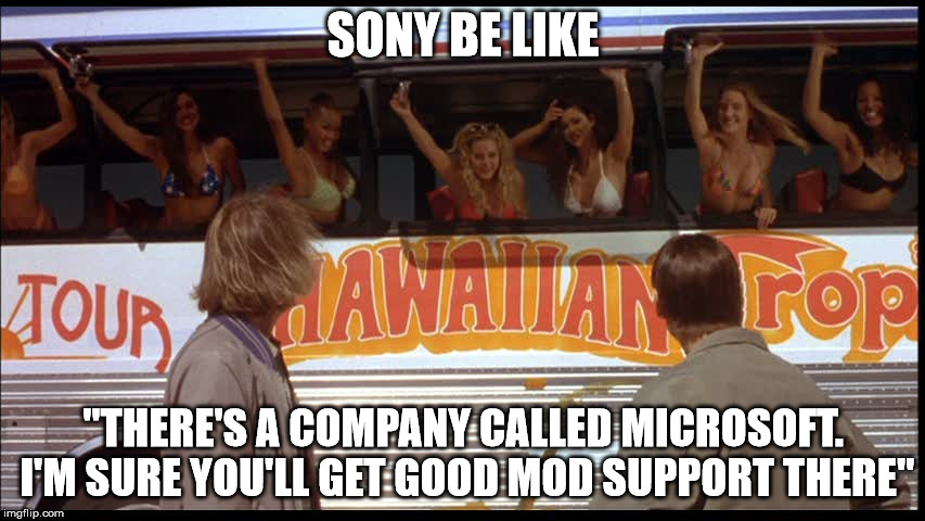 When youre too baller for customers | SONY BE LIKE; "THERE'S A COMPANY CALLED MICROSOFT. I'M SURE YOU'LL GET GOOD MOD SUPPORT THERE" | image tagged in sony,fallout4,skyrim,sonyfail,mods,skyrim mods | made w/ Imgflip meme maker