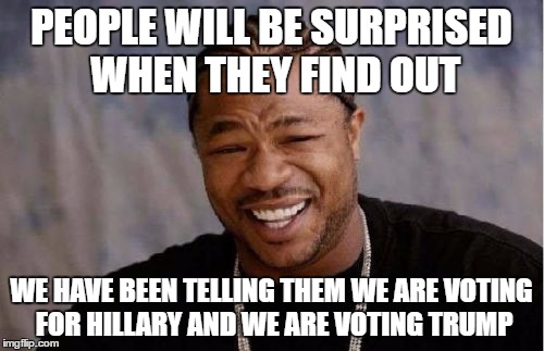 Yo Dawg Heard You Meme | PEOPLE WILL BE SURPRISED WHEN THEY FIND OUT WE HAVE BEEN TELLING THEM WE ARE VOTING FOR HILLARY AND WE ARE VOTING TRUMP | image tagged in memes,yo dawg heard you | made w/ Imgflip meme maker