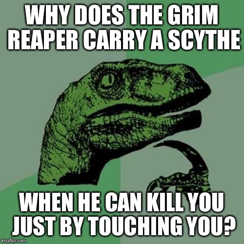 Philosoraptor Meme | WHY DOES THE GRIM REAPER CARRY A SCYTHE; WHEN HE CAN KILL YOU JUST BY TOUCHING YOU? | image tagged in memes,philosoraptor | made w/ Imgflip meme maker