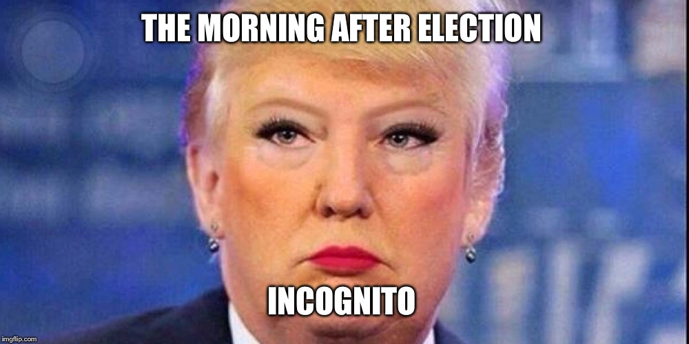 Trump the morning after  | THE MORNING AFTER ELECTION; INCOGNITO | image tagged in donald trump | made w/ Imgflip meme maker